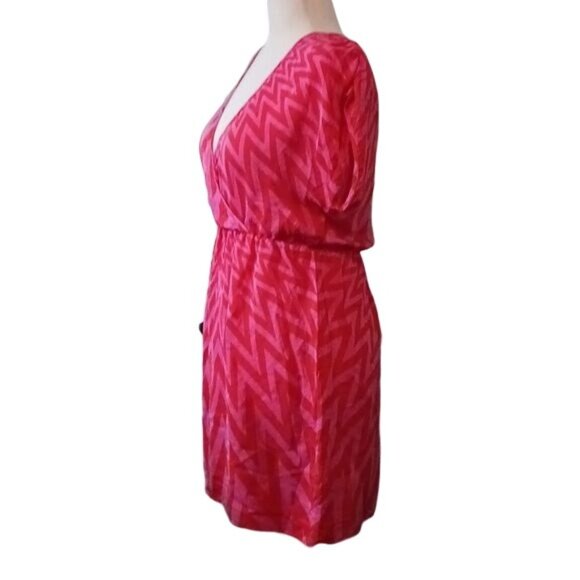 Amanda Uprichard Silk Pink‎ Red Zig Zag Pattern Mini Empire Waist Dress Size L - Picture 2 of 11